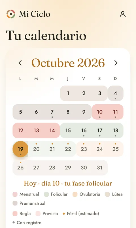 El calendario con cada fase de su color y el periodo marcado